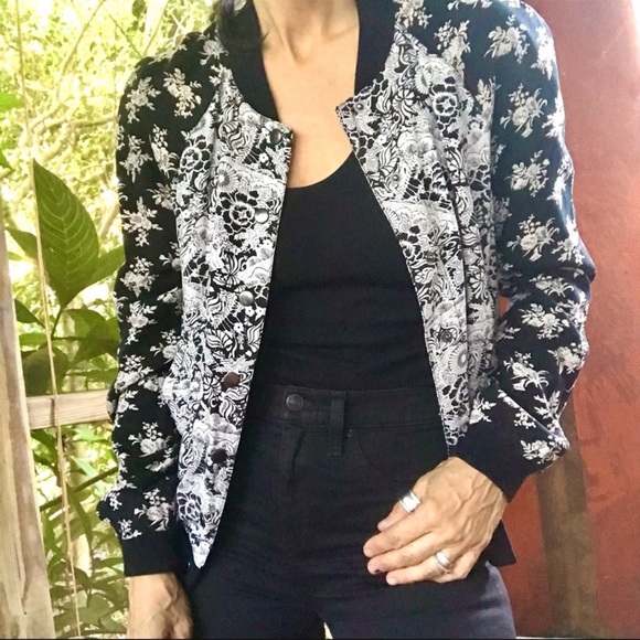 Free People Black Floral Snap Bomber Jacket. - Picture 12 of 14